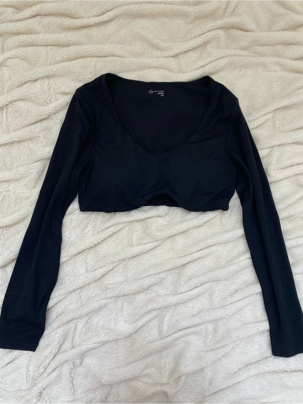 Aerie Offline Real Me Super Cropped Long Sleeve Bra Top ribbed black Sz L